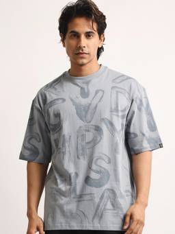MANIAC - Grey Cotton AOP Printed T-Shirt