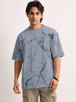 MANIAC - Grey Cotton Spray Printed T-Shirt