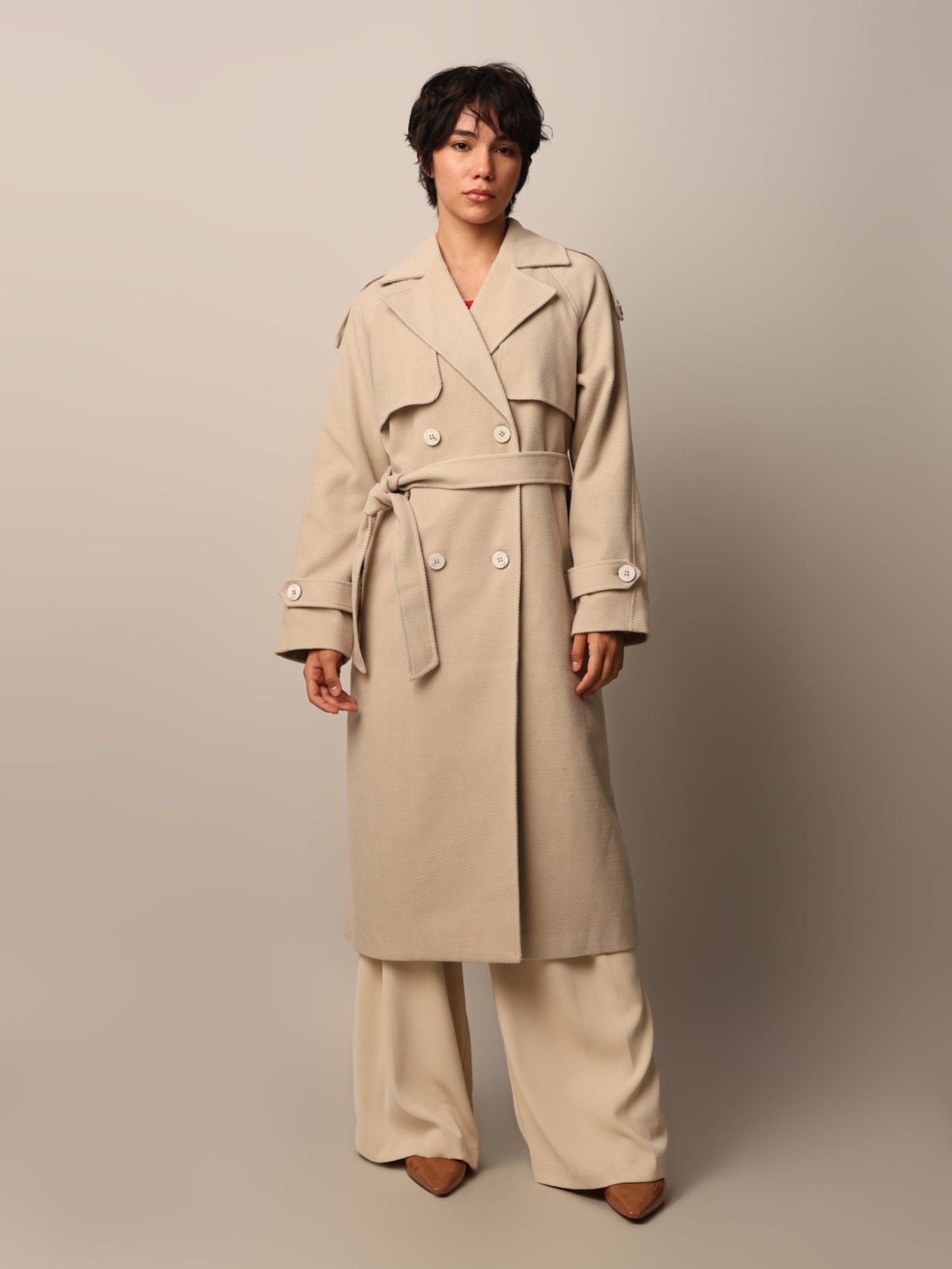 only Women's Regular Fit Beige Coat with Belt (Set of 2)-picture-11