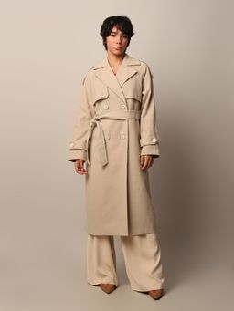 ONLY - Women's Regular Fit Beige Coat with Belt (Set of 2)