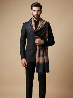 MUFFLY - Men Wool Blend All-Over Kani Jacquard Paisley Navy Blue Shawl