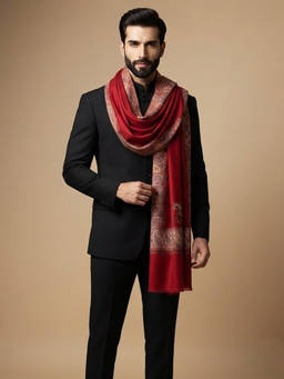 MUFFLY - Men Wool Blend All-Over Kani Jacquard Paisley Red Shawl