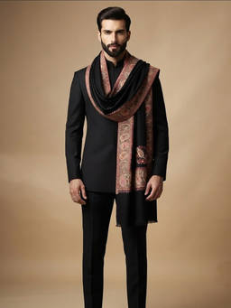 MUFFLY - Men Wool Blend All-Over Kani Jacquard Paisley Black Shawl