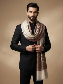 MUFFLY - Men Wool Blend All-Over Kani Jacquard Paisley White Shawl