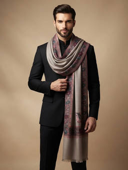 MUFFLY - Men Wool Blend All-Over Kani Jacquard Paisley Grey Shawl