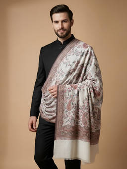 MUFFLY - Men Wool Blend All Over Woven Floral Kani White Shawl