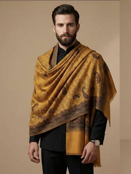 MUFFLY - Men Wool Blend All Over Woven Floral Kani Mustard Shawl