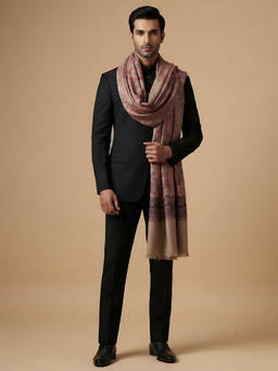 MUFFLY - Men Wool Blend All Over Woven Floral Kani Beige Shawl