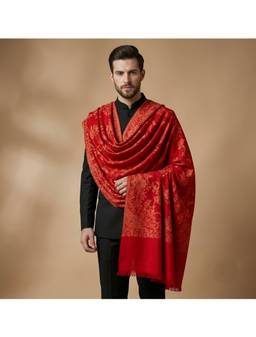 MUFFLY - Men Wool Blend All-Over Woven Floral Kani Jacquard Maroon Shawl
