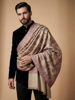MUFFLY - Men Wool Blend All-Over Woven Floral Kani Jacquard Cream Shawl