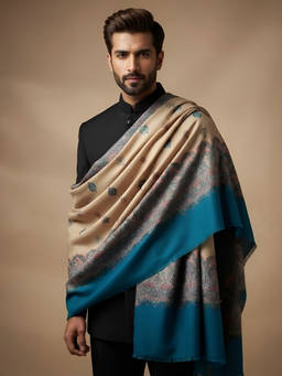 MUFFLY - Men Wool Blend Woven Kani Jacquard Beige Shawl