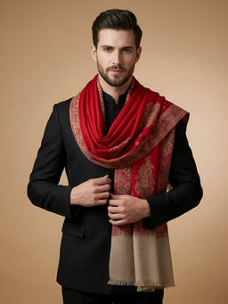 MUFFLY - Men Wool Blend Kani Jacquard Paisley Red Shawl