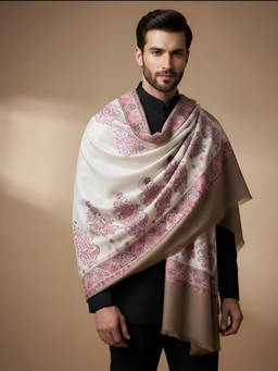 MUFFLY - Men Wool Blend Kani Jacquard Paisley White Shawl