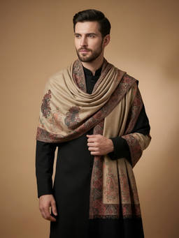 MUFFLY - Men Wool Blend Kani Jacquard Paisley Beige Shawl