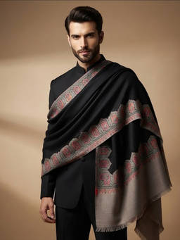 MUFFLY - Men Woven Kani Jacquard Paisley Black Shawl