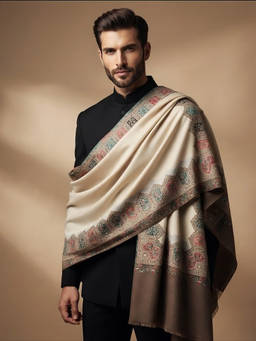 MUFFLY - Men Woven Kani Jacquard Paisley White Shawl