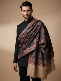 MUFFLY - Men Wool Blend Kani Jacquard Floral Woven Multi-Color Shawl