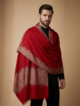 MUFFLY - Men Wool Blend Woven Kani Jacquard Border Red Shawl