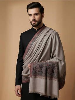 MUFFLY - Men Wool Blend Woven Kani Jacquard Border Grey Shawl