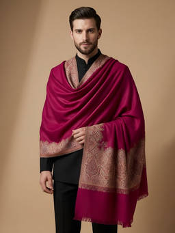 MUFFLY - Men Wool Blend Woven Kani Jacquard Border Magenta Shawl