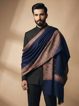 MUFFLY - Men Wool Blend Woven Kani Jacquard Border Blue Shawl