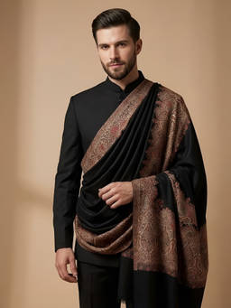 MUFFLY - Men Wool Blend Woven Kani Jacquard Border Black Shawl