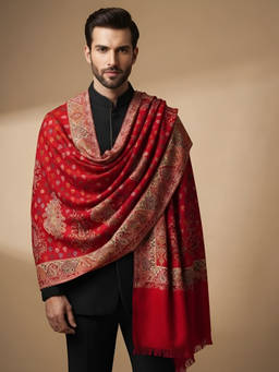 MUFFLY - Men Wool Blend Kani Woven Paisley Jacquard Red Shawl