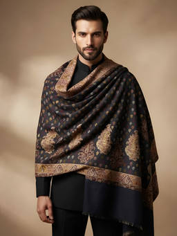 MUFFLY - Men Wool Blend Kani Woven Paisley Jacquard Blue Shawl