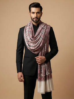 MUFFLY - Men Wool Blend Kani Woven Paisley Jacquard White Shawl