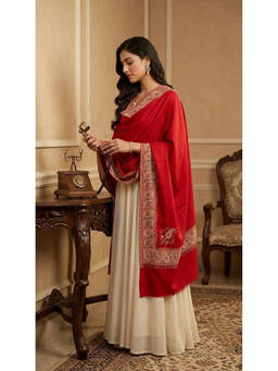 MUFFLY - Wool Blend All-Over Kani Jacquard Paisley Red Shawl