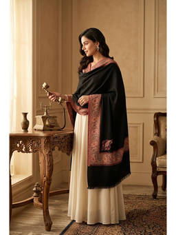MUFFLY - Wool Blend All-Over Kani Jacquard Paisley Black Shawl
