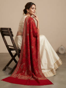 MUFFLY - Wool Blend All Over Woven Floral Kani Red Shawl