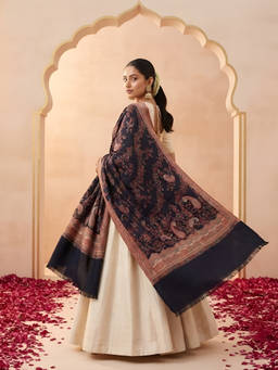 MUFFLY - Wool Blend All Over Woven Floral Kani Black Shawl