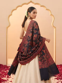 MUFFLY - Wool Blend All-Over Woven Floral Kani Jacquard Black Shawl
