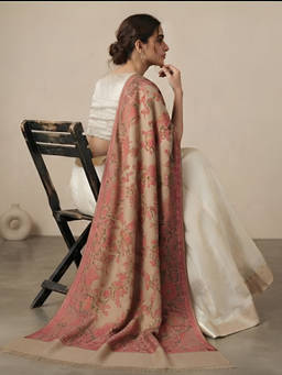 MUFFLY - Wool Blend All-Over Woven Floral Kani Jacquard Beige Shawl