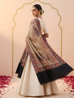 MUFFLY - Wool Blend Kani Jacquard Paisley Beige Shawl