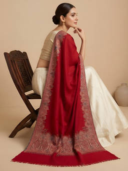 MUFFLY - Women Wool Blend Woven Kani Jacquard Border Red Shawl