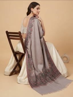 MUFFLY - Women Wool Blend Woven Kani Jacquard Border Grey Shawl