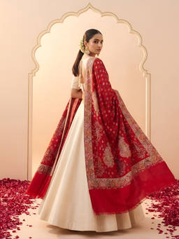 MUFFLY - Women Wool Blend Kani Woven Paisley Jacquard Red Shawl