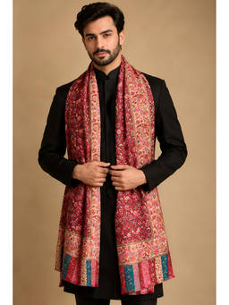 MUFFLY - Men Bamboo Silk All-Over Kalamkari Floral Printed Red Shawl