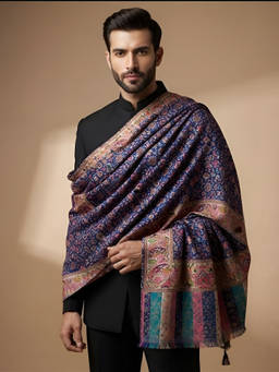 MUFFLY - Men Bamboo Silk All-Over Kalamkari Floral Printed Blue Shawl