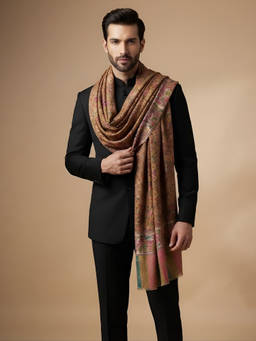 MUFFLY - Men Bamboo Silk All-Over Kalamkari Floral Printed Mustard Shawl