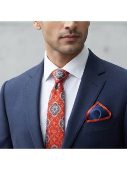 The Tie Hub - Orange Silk Medallion Tie & Blue Microfiber Pocket Square Combo