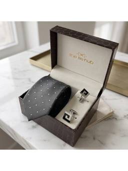 The Tie Hub - Grey Silk Polka Dot Tie & Black White Enamel Cufflinks Combo