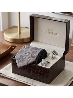 The Tie Hub - Grey Silk Paisley Tie & Multicolor Mother of Pearl Cufflinks Combo