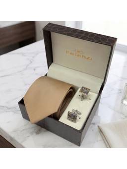 The Tie Hub - Beige Silk Tie & Multicolor Brass Cufflinks Combo