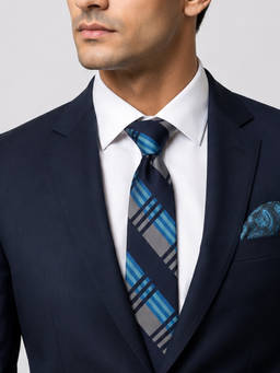 The Tie Hub - Blue Grey Silk Plaid Tie & Blue Microfiber Paisley Pocket Square Combo