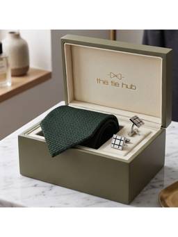 The Tie Hub - Green Silk Grenadine Tie & Mother of Pearl Enamel Cufflinks Combo