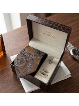 The Tie Hub - Brown Blue Silk Paisley Tie & Silver Brass Square Cufflinks Combo