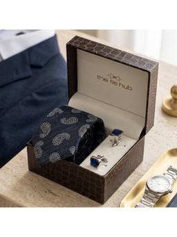 The Tie Hub - Blue Polyester Paisley Tie & Blue Brass Square Cufflinks Combo